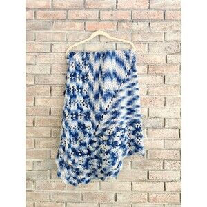 Handmade Crochet Blanket Blue White Afghan Throw Large Knit Lap Blanket Cottage